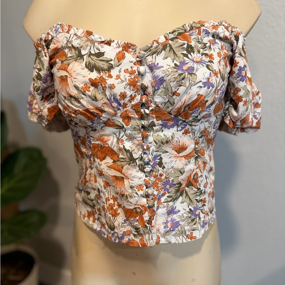 Heartloom Floral Off-Shoulder Crop Top in Cream, Rust & Lavender